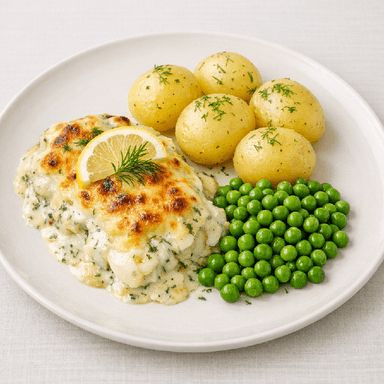 Fiskgratäng med lime och ingefära, potatis, gröna grönsaker