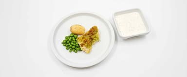 Fisk med örttäcke, potatis, kall dillsås, ärter. Hallon- och citronkaka, grädde