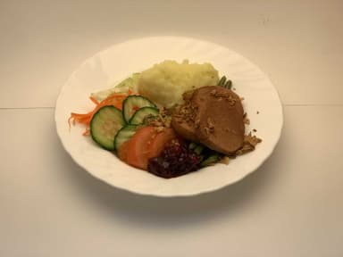 Stekt veg.korv med potatismos och måltidstillbehör
