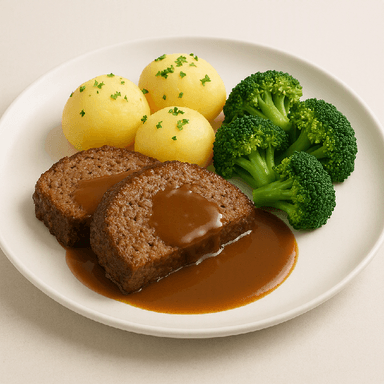 Köttfärslimpa, sås, potatis, broccoli