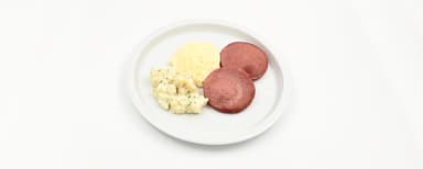 Ugnstekt falukorv, persiljestuvad blomkål, potatismos, broccoli. Jordgubbssmoothie