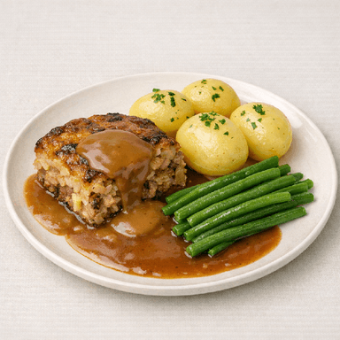 Kålpudding, sås, potatis, haricotsverts