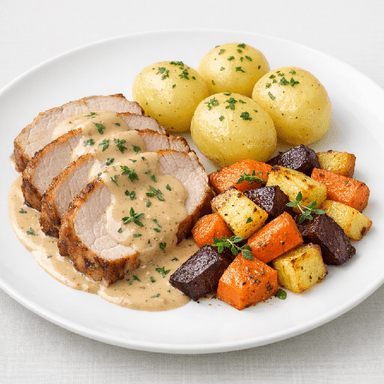 Helstekt kotlettrad, timjangräddsås, potatis, rostade rotfrukter