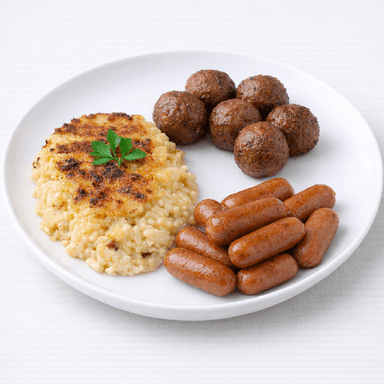 Potatisgratäng, köttbullar, prinskorv