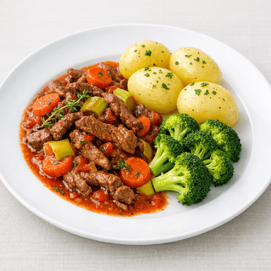 Burgundisk gryta, ris, broccoli