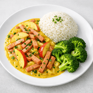 Korvgryta med äpple och curry, ris, broccoli