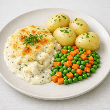 Bakad fisk med senapssås (gratäng), potatis, ärter/moröter