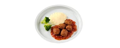 Sojabönsbollar, tomatsås, potatismos, broccoli. Aprikossmoothie