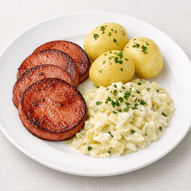 Stekt falukorv, stuvad vitkål, potatis