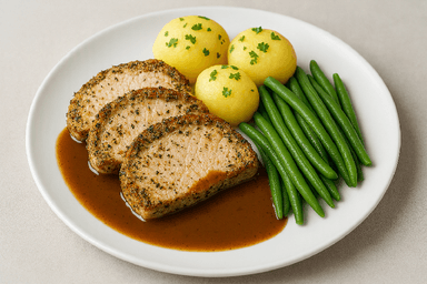 Örtstekt kotlettrad, sås, potatis, brytbönor