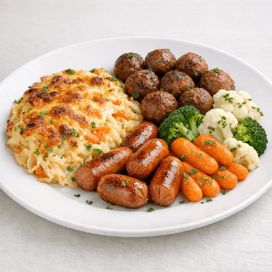 Rotfruktsgratäng, köttbullar, prinskorv, bukettgrönsaker