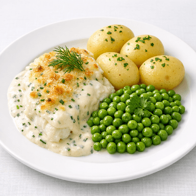 Fiskgratäng med gräslök, potatis, ärter