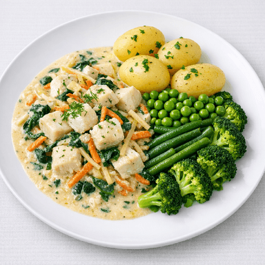 Fiskgryta från Bohuslän, potatis, grön grönsaksbladning