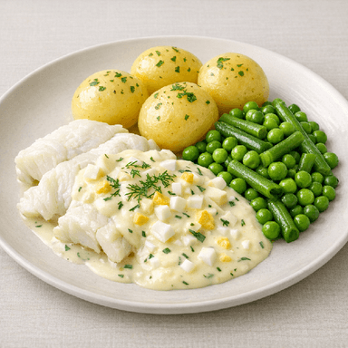 Kokt fisk, äggsås, potatis, ärter
