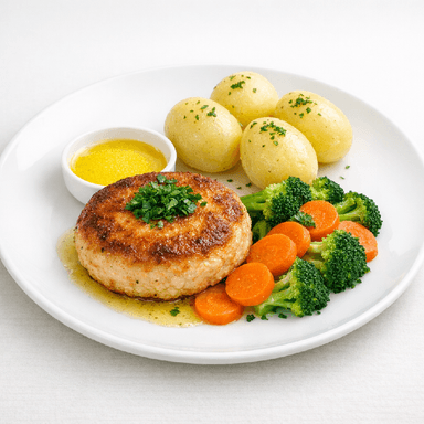 Kycklingwallenbergare, skirat smör, potatis, grönsaksblandning