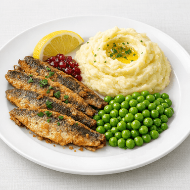 Stekt strömming, potatismos, ärtor