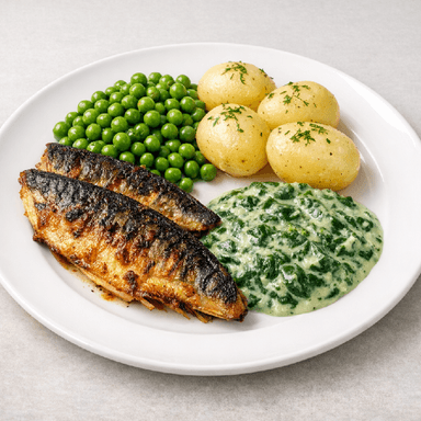 Stekt sillflundra, stuvad spenat, potatis, ärter