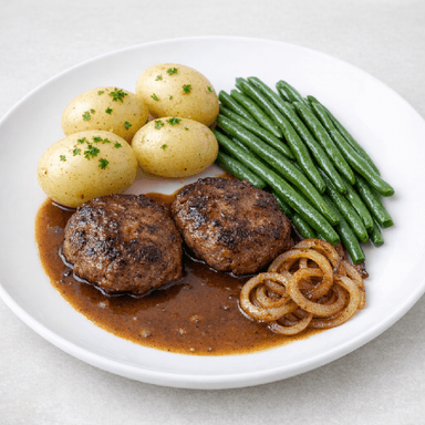 Pannbiff, sås, potatis, haricots verts, stekt lök