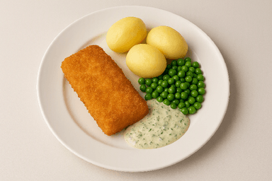 Stekt fisk, varm örtsås, potatis, ärter