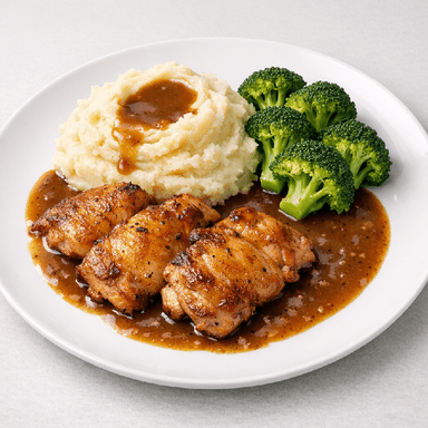 Stekt kycklinglår, sås, potatismos, broccoli
