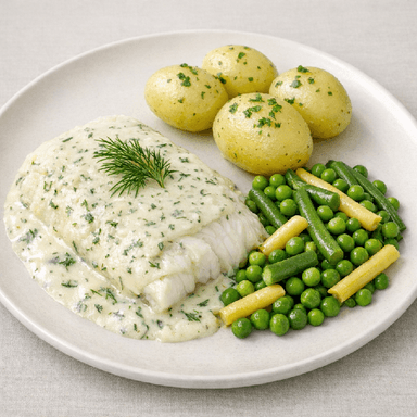 Fiskgratäng med ädelost, potatismos, gröna grönsaker