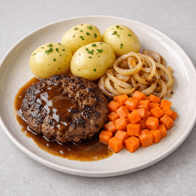 Jägarbiffar, pepparsås, potatis, bukettgrönsaker