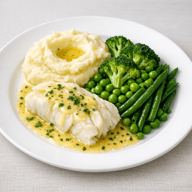 Lättrimmad fisk, smörsås, potatismos, gröna grönsaker