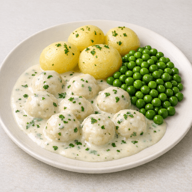 Fiskbullar i sås, potatis, ärtor