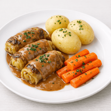 Kåldolmar, sås, potatis, morot