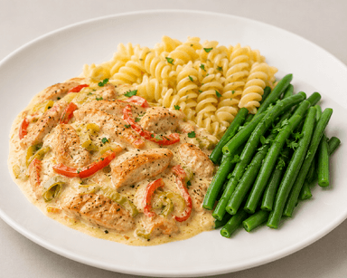 Gratinerad kyckling, pasta, haricotsverts