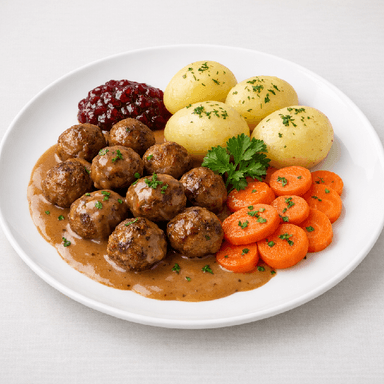 Köttbullar, gräddsås, potatis, morötter
