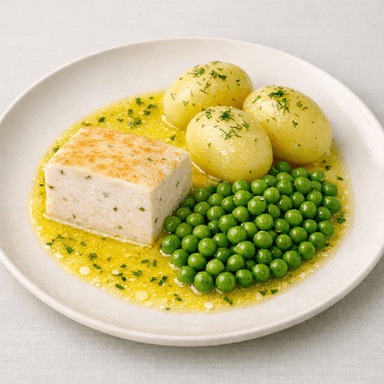 Fiskpudding, skirat smör, potatis, ärtor