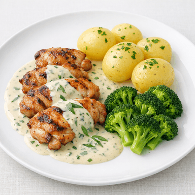 Stekt kyckling, dragonsås, potatis, broccoli