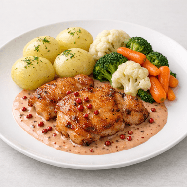 Stekt kyckling, rosépepparsås, färskpotatis, bukettgrönsaker