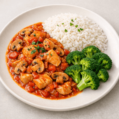 Kycklinggryta Marengo, ris, broccoli