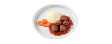 Sojabönbollar, tomatsås, potatismos, morötter. Lingonmousse