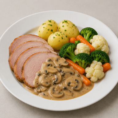 Skinkstek, svampsås, potatis, bukettgrönsaker