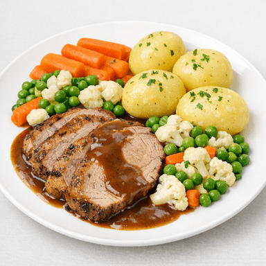 Fläskkarré provencale, brunsås, potatis, värdshusgrönsaker