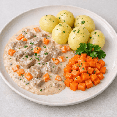 Pepparrotskött (gryta), potatis, brytbönor