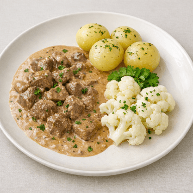 Krämig nötköttsgryta, potatis, bukettgrönsaker