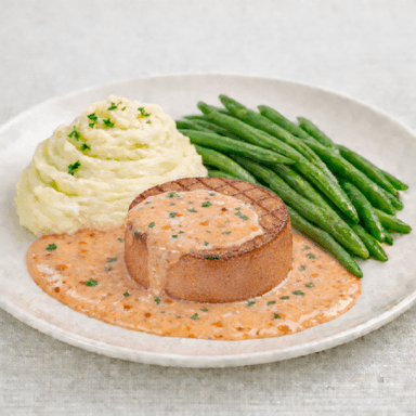 Korv tournedos, potatismos, haricots verts