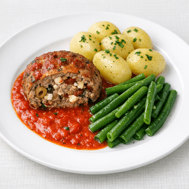 Grekisk ugnsfärs, paprikasås, potatis, brytbönor