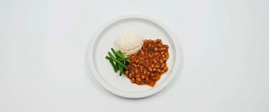 Chili sin carne, jasminris, glacerade haricot verts. Fruktsallad