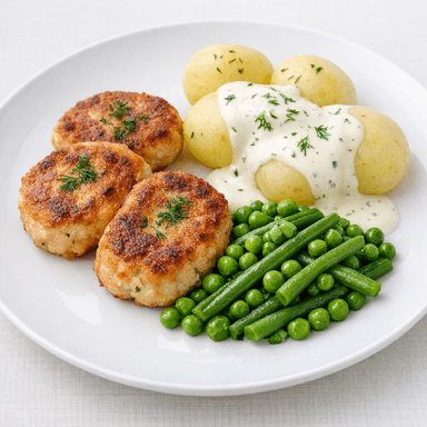 Fiskbiffar, örtsås, potatis, gröna grönsaker
