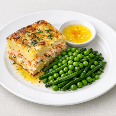 Laxpudding (allt i ett), skirat smör, grön grönsaksblandning