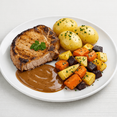 Stekt fläskkotlett, sås, potatis, rostade rotfrukter