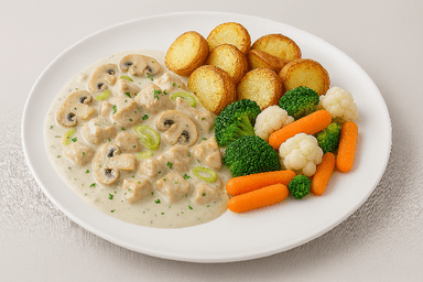 Fläskköttsgryta med dragon, rostad potatis, bukettgrönsaker