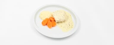 Fiskgratäng med dill och citron, potatismos, morötter. Bärkräm, vispgrädde