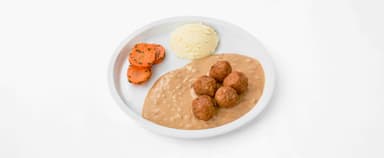 Kycklingköttbullar, senapssås med örter, potatismos, broccoli. Mangosmoothie