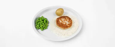 Fiskfärsbiff, citronsås med dill, potatis, ärter, Bärkräm